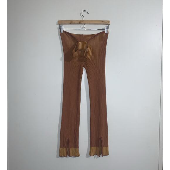 LES FRIDAY Ribbed Knit Waist Cut Out Bell Bottom Slit Pants Brown XS Stretch - Picture 3 of 10